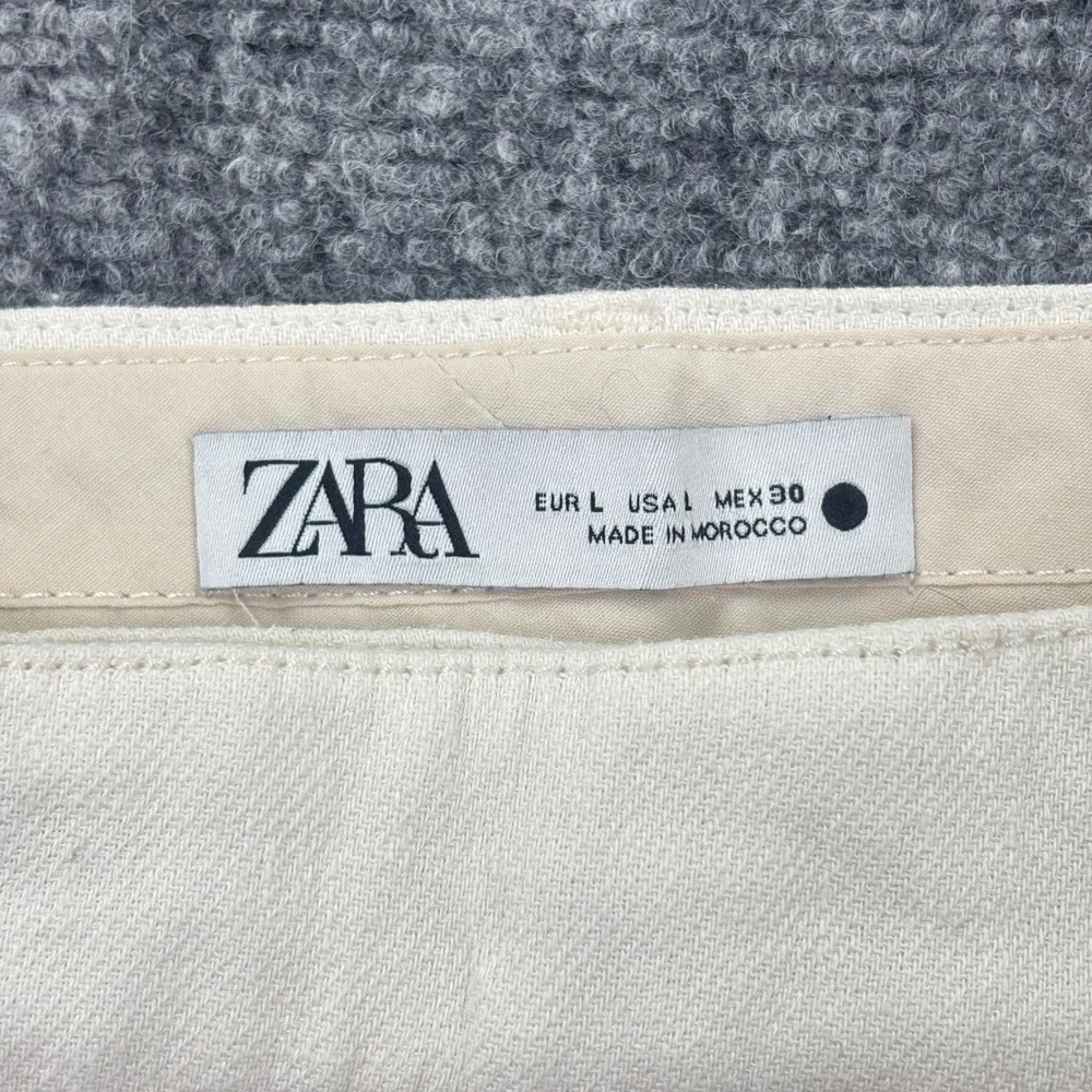 Zara Pleated Wide Leg Pants Size Large Cream Linen Blend High Rise Women's
